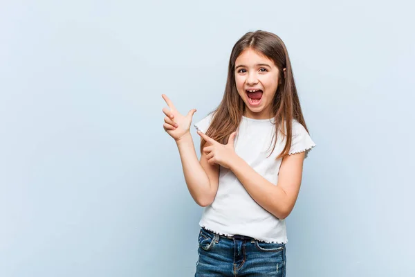 Cute Girl Pointing Forefingers Copy Space Expressing Excitement Desire — Stock Photo, Image