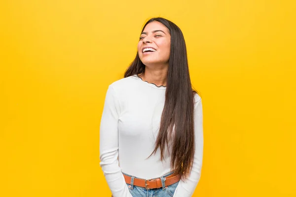 Young Pretty Arab Woman Yellow Background Relaxed Happy Laughing Neck — Stock Photo, Image