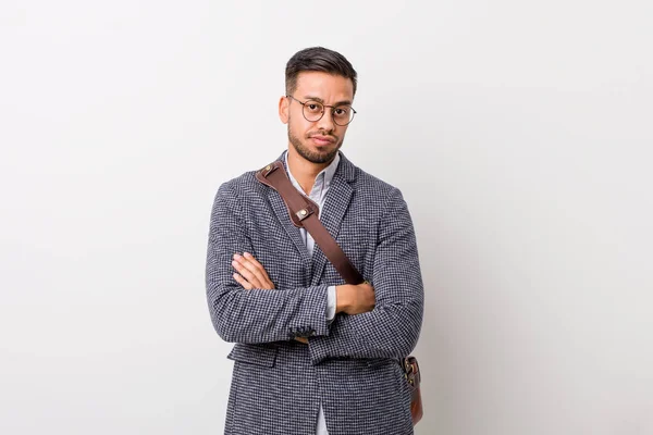 Young Business Filipino Man White Wall Unhappy Looking Camera Sarcastic — Stock Photo, Image