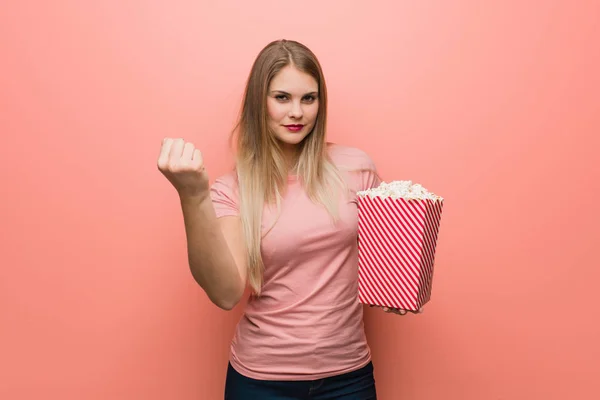 Young Pretty Russian Girl Showing Fist Front Angry Expression She — Stock Photo, Image