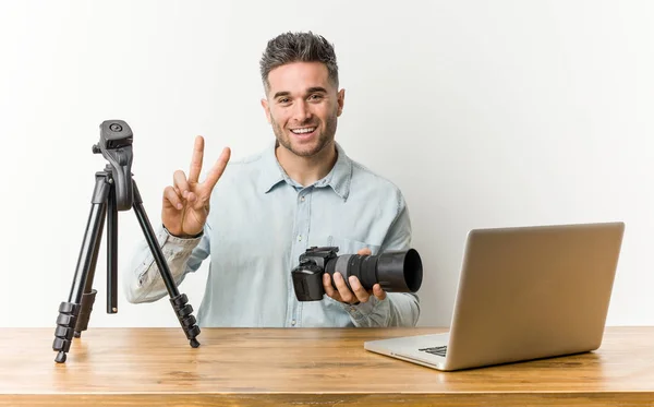 Young Handsome Photography Teacher Showing Number Two Fingers — Stock Photo, Image