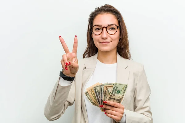 Young European Business Woman Holding Dollar Banknotes Showing Number Two — Stock Photo, Image