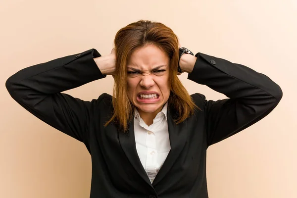 Young Caucasian Business Woman Covering Her Ears Hands Trying Hear — Stock Photo, Image