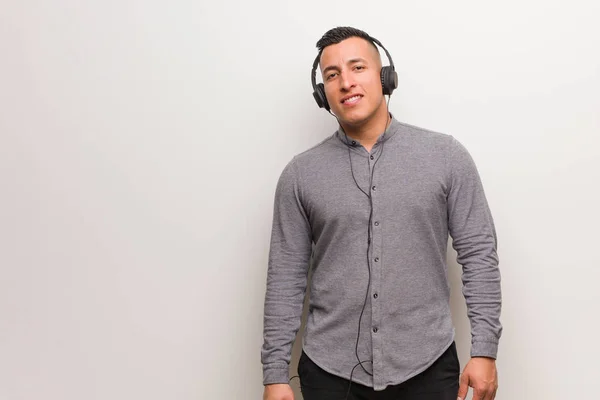 Young Latin Man Listening Music Cheerful Big Smile — Stock Photo, Image
