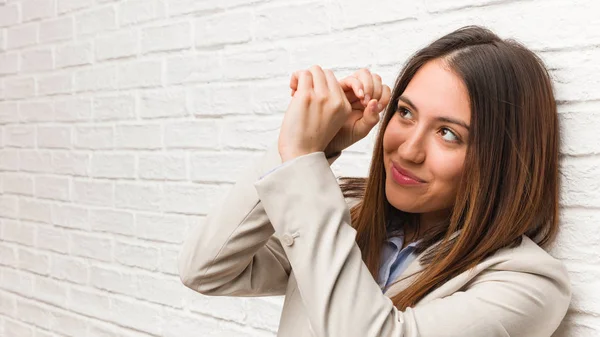 Young Business Woman Making Gesture Spyglass — Stock Photo, Image