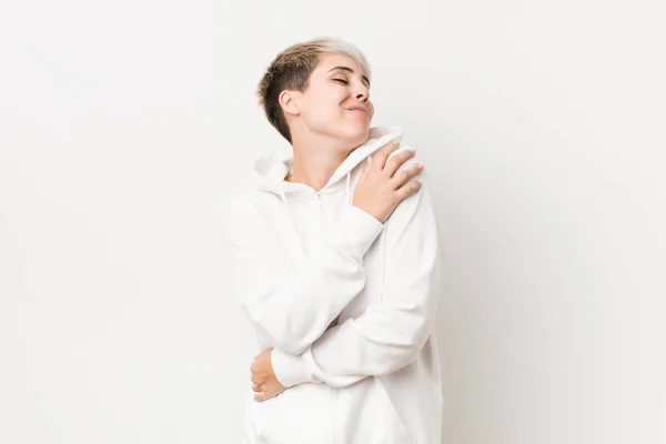 Young Curvy Woman Wearing White Hoodie Hugs Smiling Carefree Happy — Stock Photo, Image