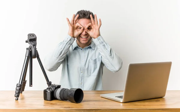Young Handsome Photography Teacher Showing Okay Sign Eyes — Stock Photo, Image