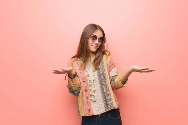 Young Hippie Woman Pink Background Confused Doubtful — Stock Photo, Image