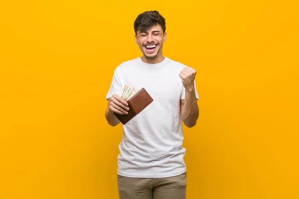 Young Hispanic Man Holding Wallet Cheering Carefree Excited Victory Concept — Stock Photo, Image