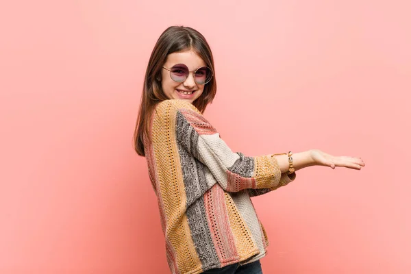 Little Hippie Girl Holding Copy Space Palm — Stock Photo, Image