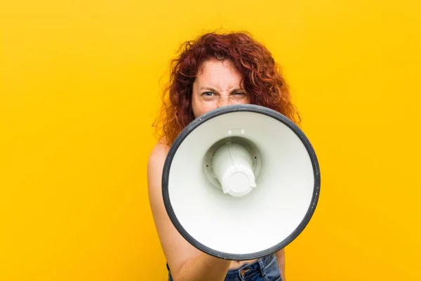 Young Caucasian Redhead Woman Holding Megaphone — Stock Photo, Image