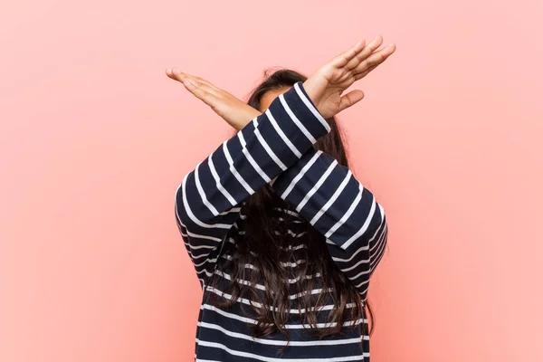 Young Intellectual Indian Woman Keeping Two Arms Crossed Denial Concept — Stock Photo, Image