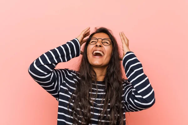 Young Intellectual Indian Woman Laughs Joyfully Keeping Hands Head Happiness — Stock Photo, Image