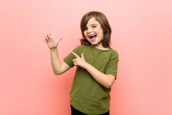 Little Boy Pointing Forefingers Copy Space Expressing Excitement Desire — Stock Photo, Image