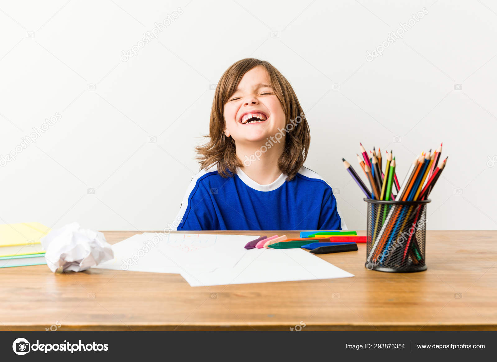 Little Boy Painting Doing Homeworks His Desk Laughs Closes Eyes