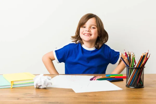 Little Boy Painting Doing Homeworks His Desk Confident Keeping Hands — Stock Photo, Image