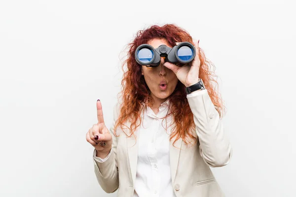 Young Caucasian Business Redhead Woman Holding Binoculars Having Some Great — Stock Photo, Image