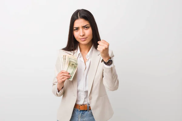 Young Arab Business Woman Holding Dollars Showing Fist Camera Aggressive — Stock Photo, Image