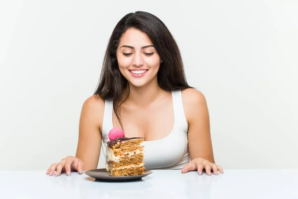 Young Hispanic Woman Eating Carrot Cake — Stock Photo, Image