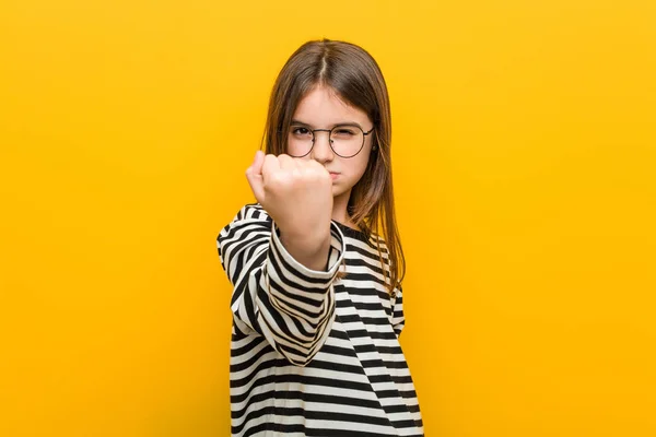 Little Caucasian Cute Girl Showing Fist Camera Aggressive Facial Expression — Stock Photo, Image