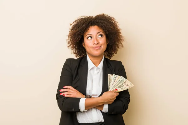 Young African American Woman Holding Dollars Smiling Confident Crossed Arms — Stock Photo, Image