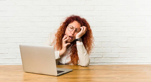 Junge Rothaarige Lockige Frau Die Mit Ihrem Laptop Jammert Und — Stockfoto