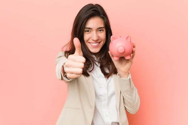 Young Caucasian Woman Holding Piggy Bank — Stock Photo, Image