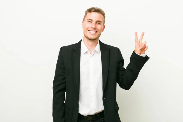 Young Caucasian Business Man Joyful Carefree Showing Peace Symbol Fingers — Stock Photo, Image