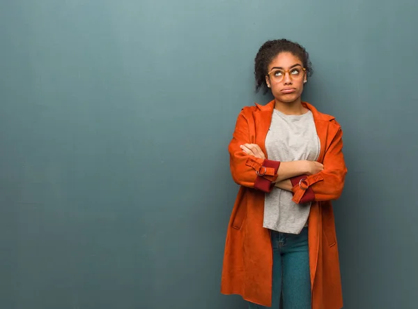 Young Black African American Girl Blue Eyes Tired Bored — Stock Photo, Image