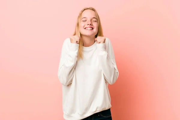 Young Blonde Teenager Woman Raising Fist Feeling Happy Successful Victory — Stock Photo, Image