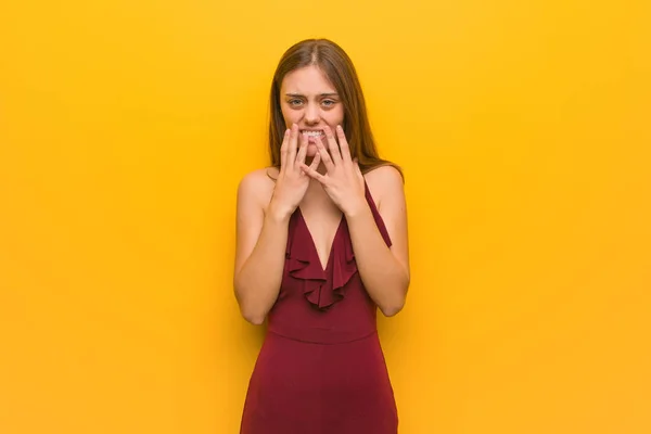 Young Elegant Woman Wearing Dress Very Scared Afraid — Stock Photo, Image