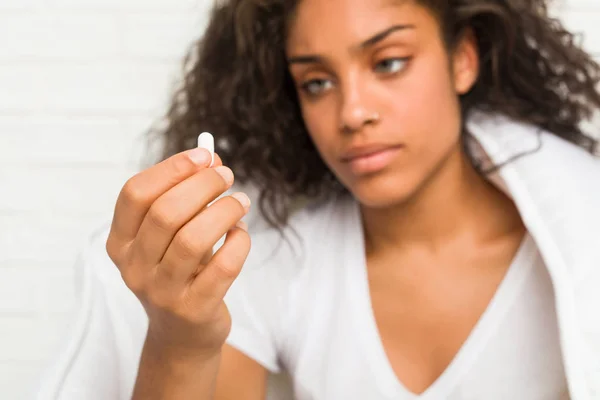 Close Young African American Sick Woman Sitting Bed Taking Pill — Stock Photo, Image