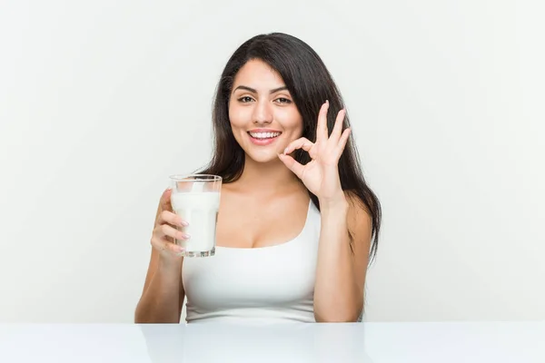 Young Hispanic Woman Holding Glass Milk Cheerful Confident Showing Gesture Stock Image