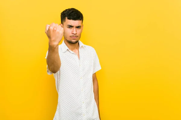 Young Hispanic Man Showing Fist Camera Aggressive Facial Expression — Stock Photo, Image
