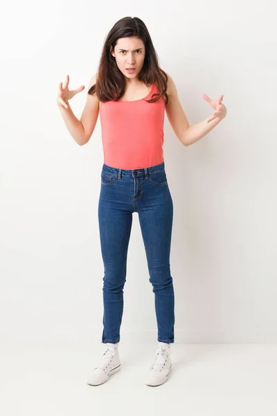 Full Body Young Woman White Background Screaming Rage — Stock Photo, Image