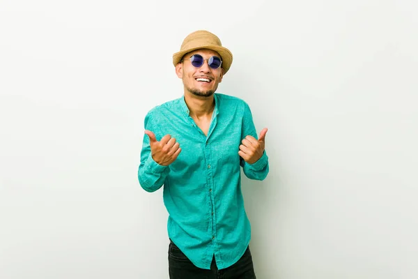Young Hispanic Man Wearing Summer Clothes Raising Both Thumbs Smiling — Stock Photo, Image
