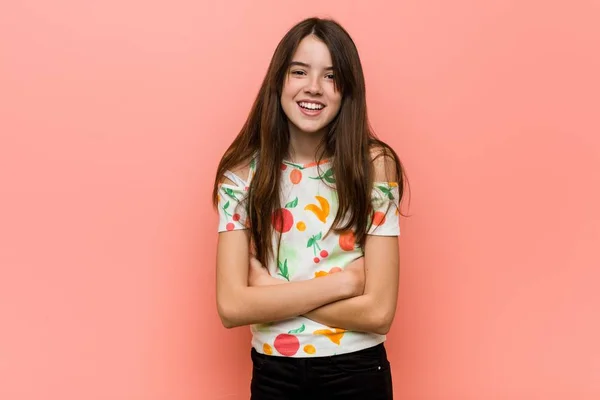 Girl Wearing Summer Clothes Red Wall Laughing Having Fun — Stock Photo, Image
