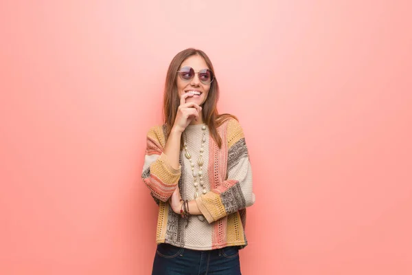 Young Hippie Woman Pink Background Relaxed Thinking Something Looking Copy — Stock Photo, Image
