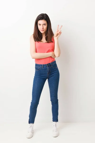 Full Body Young Woman White Background Showing Number Two Fingers — Stock Photo, Image