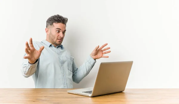 Young Handsome Man Working His Laptop Being Shocked Due Imminent — Stock Photo, Image