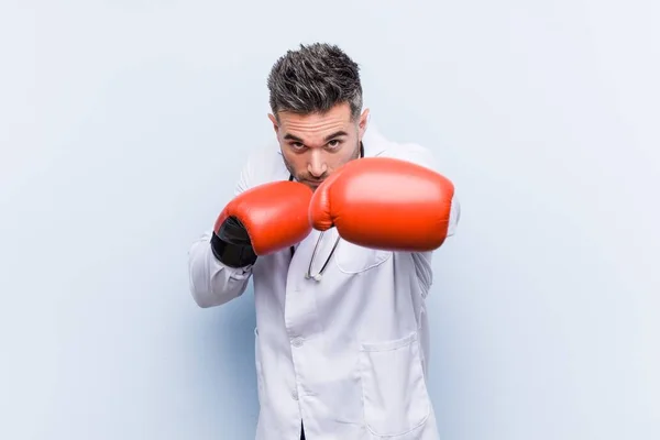 Caucasian Doctor Man Wearing Boxing Gloves — Stock Photo, Image