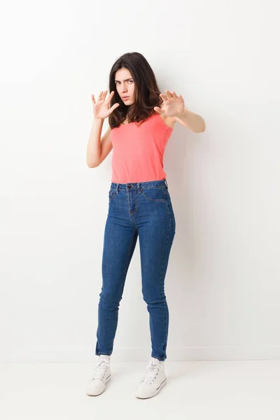 Full Body Young Woman White Background Being Shocked Due Imminent — Stock Photo, Image