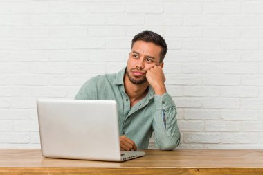 Genç filipinli adam üzgün ve dalgın hissediyor onun dizüstü bilgisayar ile çalışan oturan, kopya alanı bakarak.