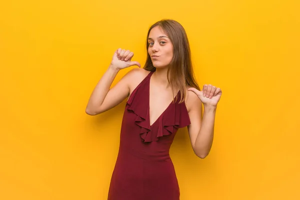 Young Elegant Woman Wearing Dress Pointing Fingers Example Follow — Stock Photo, Image