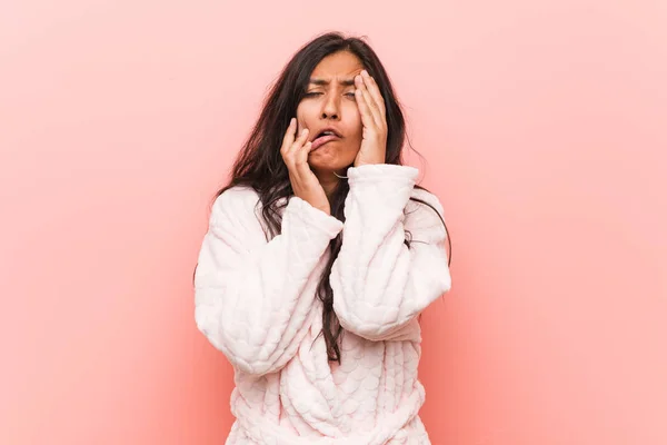 Young Indian Woman Wearing Pajama Whining Crying Disconsolately — Stock Photo, Image