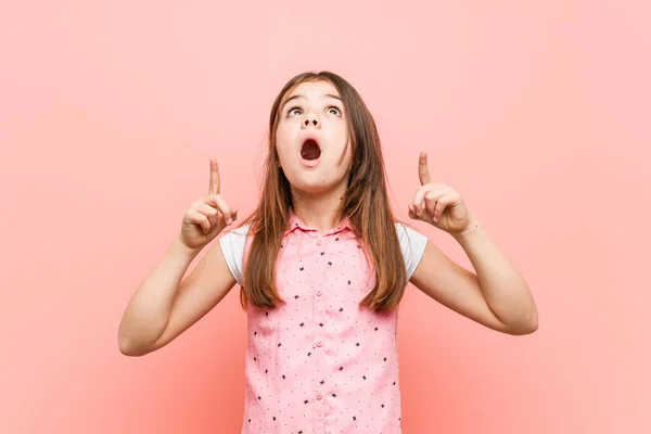 Cute Little Girl Pointing Upside Opened Mouth — Stock Photo, Image