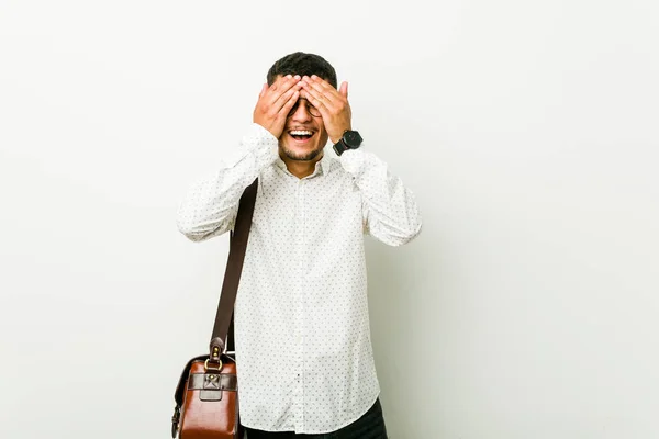 Young Hispanic Casual Business Man Covers Eyes Hands Smiles Broadly — Stock Photo, Image