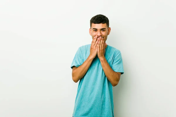 Young Hispanic Man Laughing Something Covering Mouth Hands — Stock Photo, Image