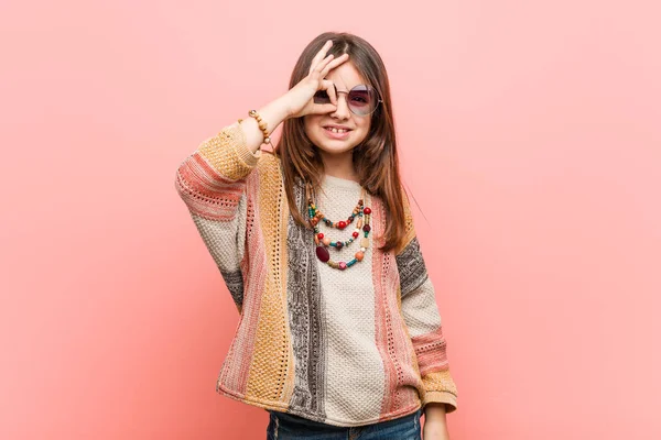 Little Hippie Girl Excited Keeping Gesture Eye — Stock Photo, Image