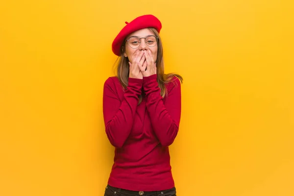 Young French Artist Woman Laughing Something Covering Mouth Hands — Stock Photo, Image